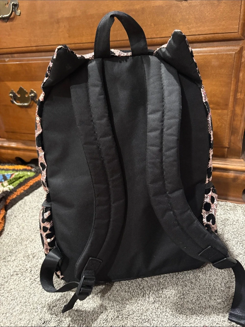 Justice Pink Sequin Leopard Backpack with Black 'G' Accent